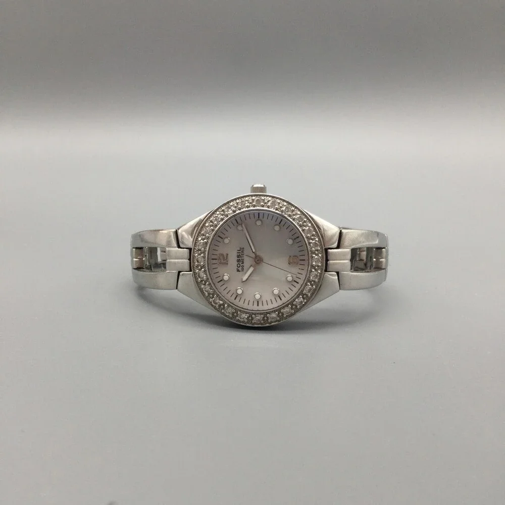 Fossil Womens Watch 29mm MOP Crystal Bezel 100M Stainless New Battery 6.75